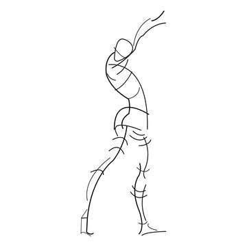 Minimalist line art gesture drawing of a female figure with raised arms, twisted torso and extended back leg. Clean lines, simplified anatomy and an isolated full body silhouette