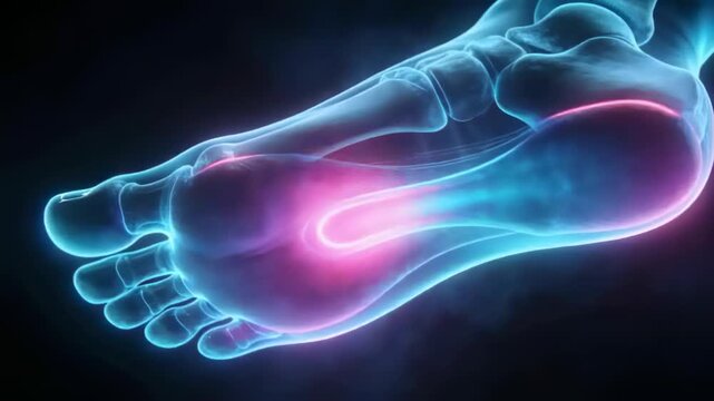 Starting magenta oval initiating 3D foot tilting, revealing calcaneus and pulsing arch highlight