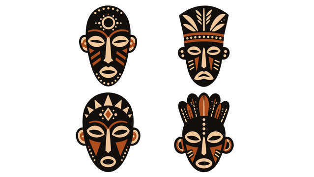 Set of four decorative tribal mask illustrations on white