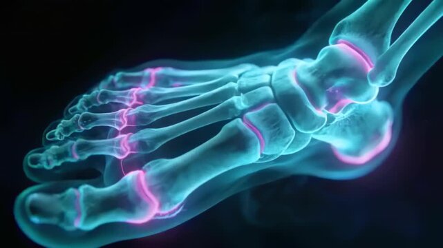 Camera shifting causing rendered foot skeleton flexing and tilting in studio, neon joints pulsing
