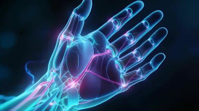 First frame starting spin see-through hand turning dorsal to palm in studio showing nerve pulses
