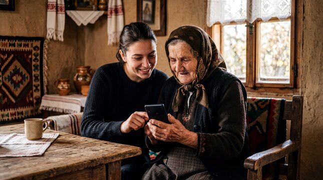 generational learning, a grandmother in a headscarf receives help with a smartphone from her granddaughter in a cozy village home