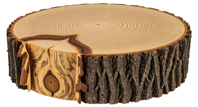 Natural wooden log slice with tree rings and textured bark cross section forestry material carpentry woodwork environment