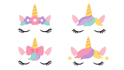 Fototapeta premium Set of cute unicorn faces with closed eyes and pastel details