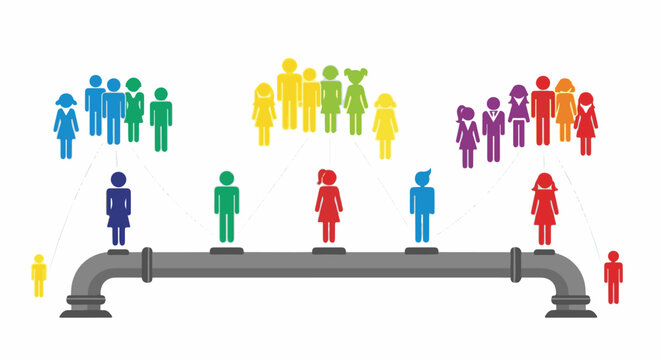 Colorful abstract people figures connected to a central industrial pipe