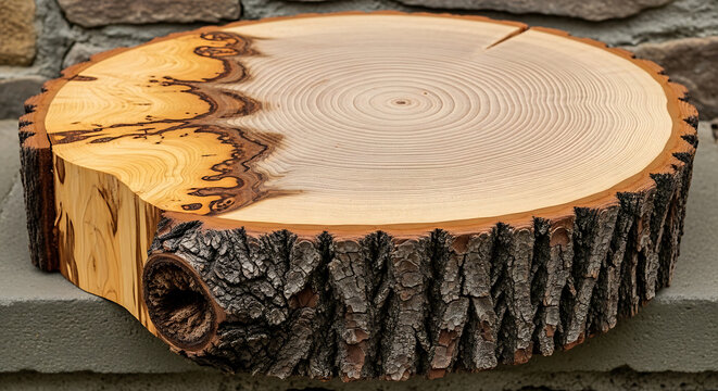 Cross section of a round log stump showing tree rings and natural bark texture with forestry material background woodland hardwood