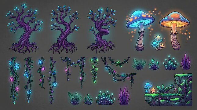 Collection of glowing fantasy trees mushrooms and magical forest vines