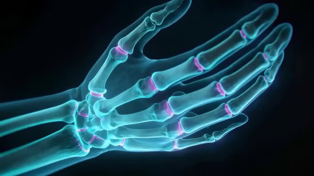Animating glowing skeletal hand flexing fingers in studio to show joint motion, magenta rings