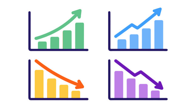 Set of rising and falling bar chart icons with arrow graphs