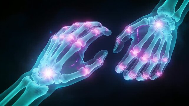 Animating skeletal hands rotating and curling on play in nebula, highlighting glowing joint nodes