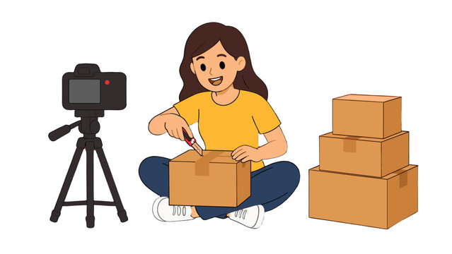 Woman opening a cardboard box on camera in a flat vector style