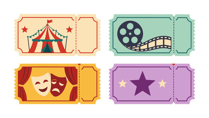 Set of vintage admission tickets with circus cinema and theater icons © Andrei