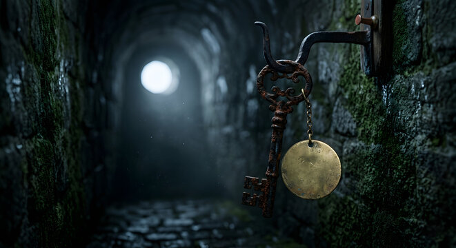 Hanging in the dark stone tunnel, a rusty skeleton key with a blank brass tag.