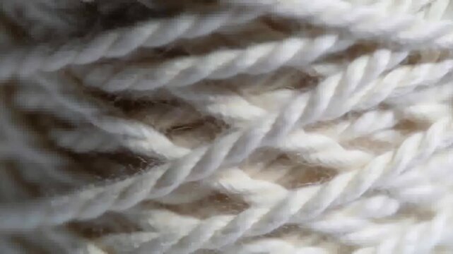 Pulling focus, macro lens shifting showing cream yarn at tabletop with loose fibers, knit detail