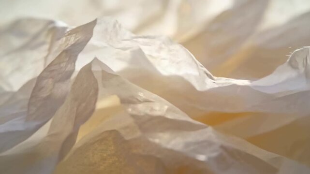 Reacting to warm backlight shift, camera revealing crumpled thin paper folds on studio table, lamp
