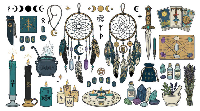 Witchcraft and Magic Symbols: Dreamcatchers, Tarot, Candles, Runes, Crystals