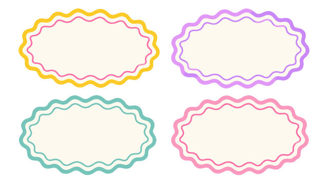 Set of colorful wavy oval frames with scalloped double borders