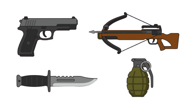 Vector set of pistol crossbow combat knife and grenade