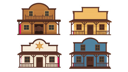 Set of western town wooden storefront buildings in flat style © Andrei