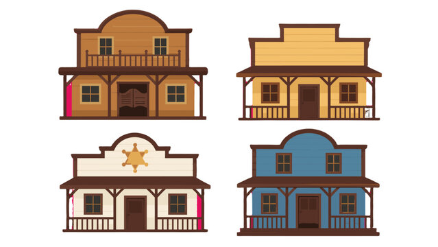 Set of western town wooden storefront buildings in flat style