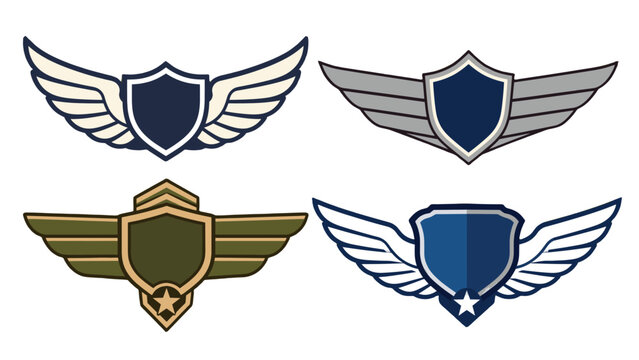 Set of winged shield badge emblems in flat vector style