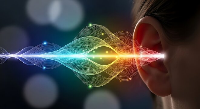 Abstract visualization of sound waves and audio frequency represented by glowing light particles entering a human ear for hearing technology concept