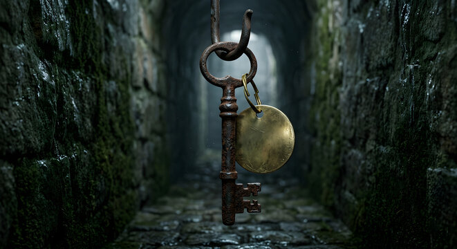 Hanging in the dark stone tunnel, a rusty skeleton key with a blank brass tag.