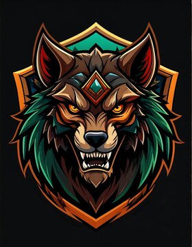 Fierce Stylized Wolf Head Emblem with Glowing Eyes on Dark Background