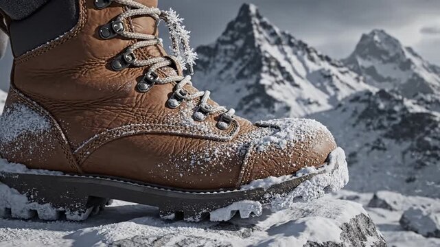 A brown hiking boot stands on snowy ground with majestic mountains in the background.