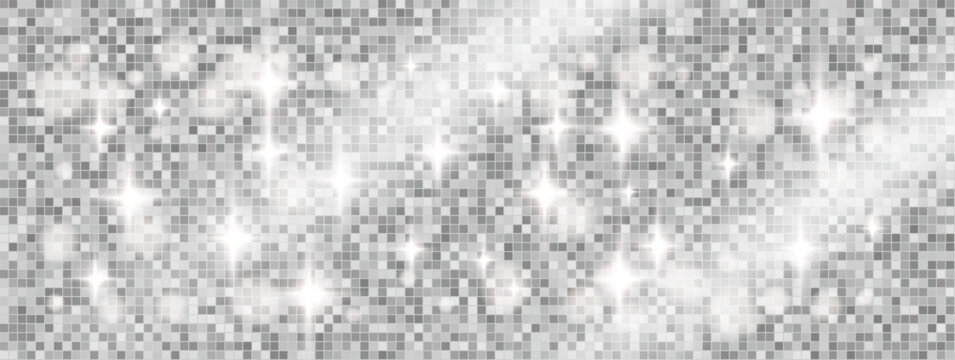 Glitterball mosaic background with silver disco sparkle for nightclub flyer. Shiny glitter ball texture on mirror sequin tile. Vector background with shimmer, blings glint and grid glam pattern bg.