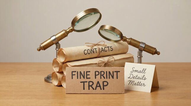 Fine Print Trap Contract with Magnifying Glasses, Scam Awareness