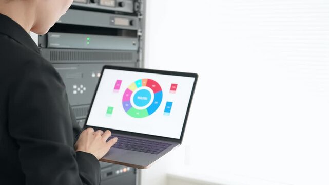 Female engineer inspecting a server
