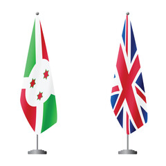 Fototapeta premium Burundi and United Kingdom flags on flagpoles for official ceremonies and meetings, transparent background vector