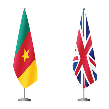 Cameroon and United Kingdom flags on flagpoles for official ceremonies and meetings, transparent background vector