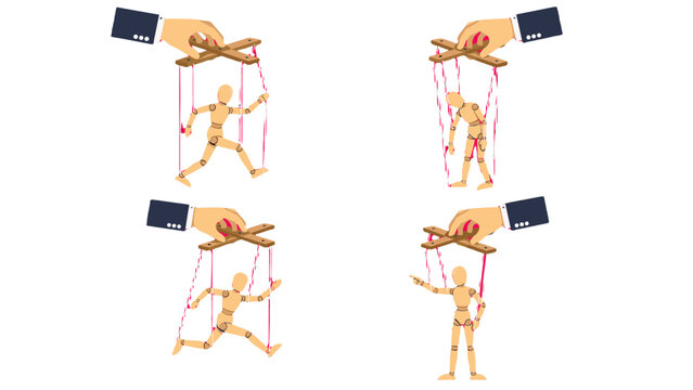 Hand controlling wooden marionette puppets in four poses