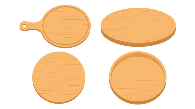 Set of round wooden serving boards and tray in top and side view