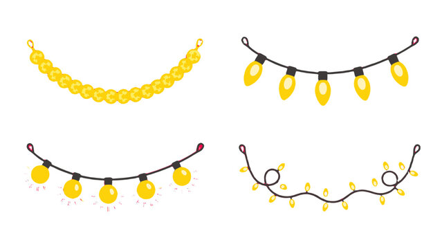 Set of yellow glowing string light garlands on white background