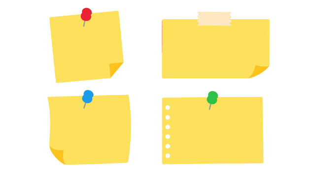 Set of yellow sticky notes and memo papers with pins