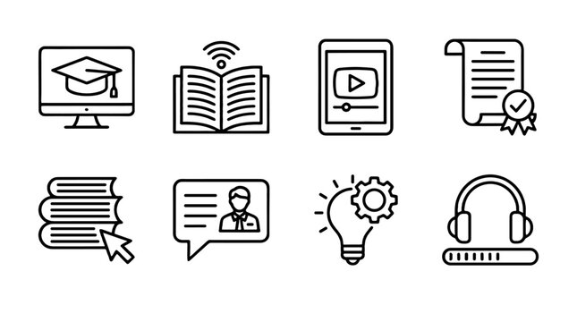 Online education line icon set with learning and media symbols