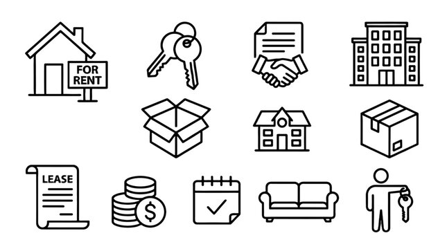 Rental property line icon set with house, keys, lease and moving boxes