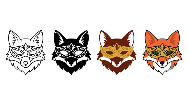Illustration Set of Masked Foxes: Vibrant Brown Black and Outline Designs