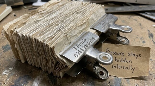 Suppressed Stress Clips On Aged Documents Symbolizing Mental Overload