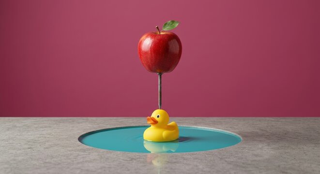 Red apple on a nail with a toy duck in water