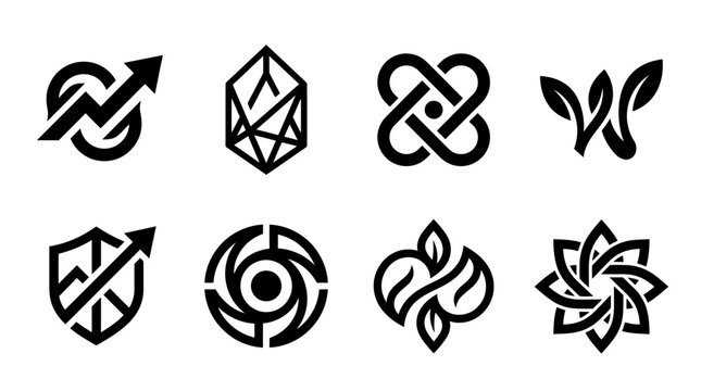 Minimalist black logo icons set, geometric abstract branding symbols, 8 modern vector elements for corporate identity and tech startups