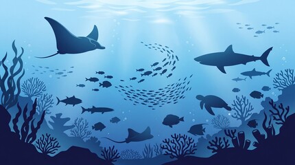 Naklejka premium Vibrant oceanic scene with diverse marine life and coral reef ecosystem