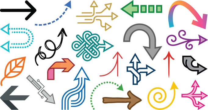 Collection of diverse arrow shapes and directional pointers are arranged in a graphic design arrangement for visual direction.