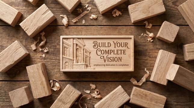 Wood carving with 'Build Your Complete Vision' text