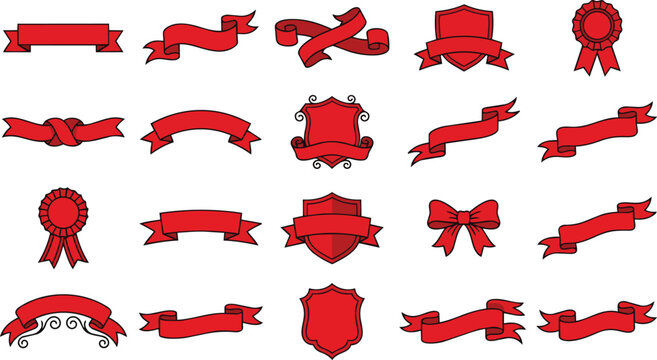 Collection of various red ribbon banners and award rosette designs are displayed against a white background.