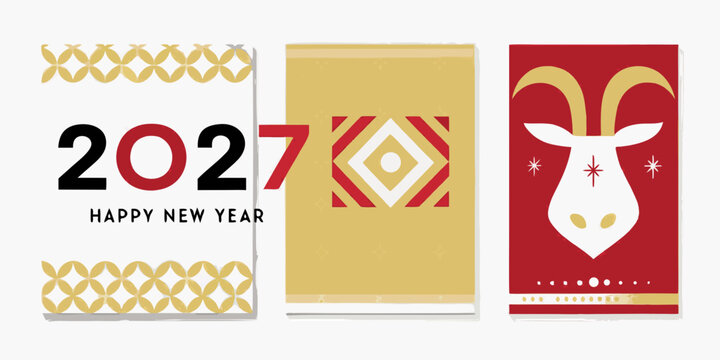 New Year Cards With Geometric Patterns And Goat Illustration Vector Design