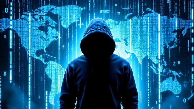 A mysterious hooded figure stands in front of a glowing blue world map composed of digital code, symbolizing a hacker or cyber threat
